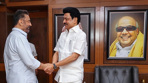 Tamil Nadu Chief Minister MK Stalin and Makkal Needhi Maiam (MNM) leader Kamal Haasan during a meeting, at the DMK office in Chennai