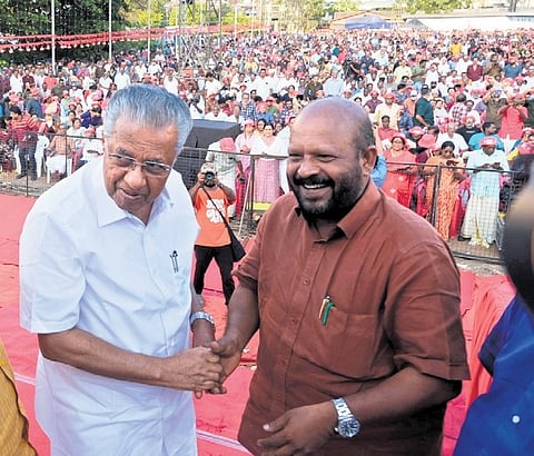 LDF candidate in Thrissur V S Sunil Kumar with Chief Minister Pinarayi Vijayan during an election campaign. 