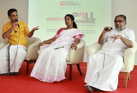 UDF candidate Hibi Eden, LDF’s K J Shine and NDA’s K S Radhakrishnan during the poll exchange interaction.