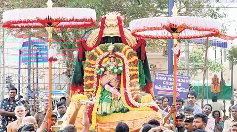 Lord Rama, adorned in Venugana Alankaram, is being taken out in a procession at Vontimitta temple on Thursday 
