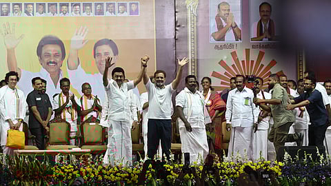 MK Stalin and Rahul Gandhi at an election rally in Coimbatore, Tamil Nadu on Friday, April 12, 2024.