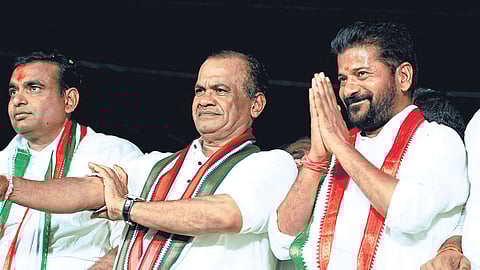 Chief Minister A Revanth Reddy greets people at a meeting in Bhuvanagiri on Sunday 