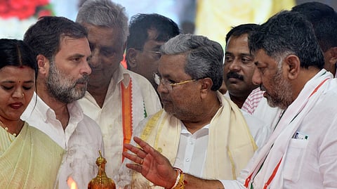 Congress leader Rahul Gandhi, CM Siddaramaiah, Deputy CM DK Shivakumar