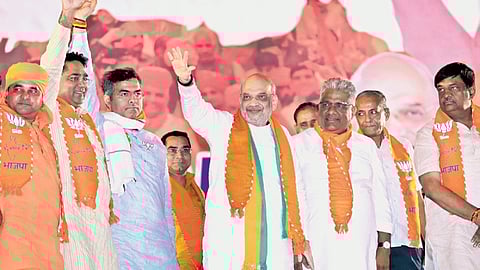Home Minister Amit Shah with other BJP leaders at a rally in Alwar on Saturday 