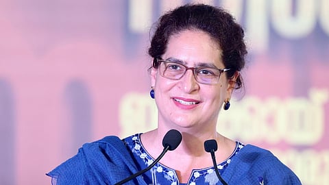 Congress General Secretary Priyanka Gandhi Vadra addresses an election rally in Chalakudy, Kerala, on Saturday.