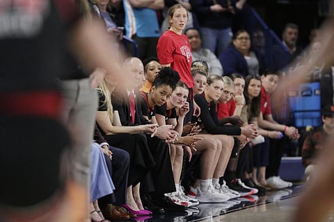 Players and staff on the Utah bench react toward the end of a second-round college basketball game against Gonzaga in the NCAA tournament in Spokane, Wash., Monday, March 25, 2024.