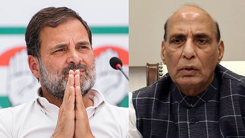 (L-R) Congress leader Rahul Gandhi, Union minister Rajnath Singh