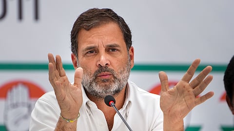 Congress leader Rahul Gandhi speaks during a press conference after the release of the party's manifesto ahead of Lok Sabha elections, in New Delhi, Friday, April 5, 2024.