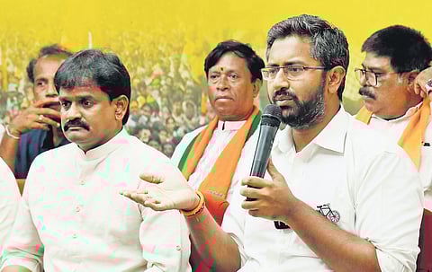 Visakhapatnam TDP MP candidate M Sribharat addressing a media conference after the coordination committee meeting at the TDP office on Friday 