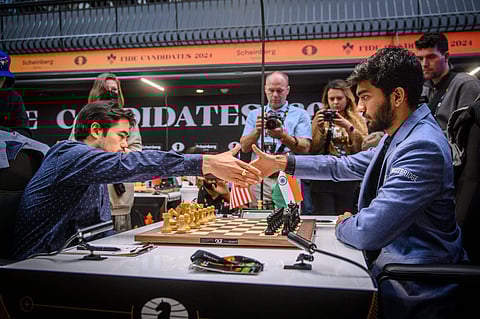 Grandmaster D. Gukesh of India during the Round 11 match against Grandmaster Fabiano Caruana of USA at the FIDE Candidates 2024 chess tournament, in Toronto, Canada