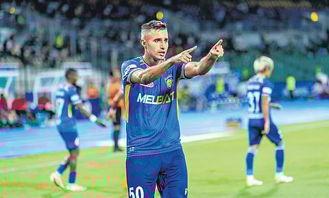 CFC’s Rafael Crivellaro celebrating his goal against JFC on Thursday 