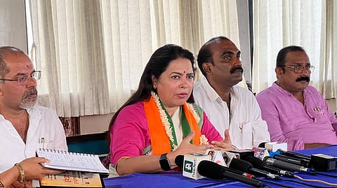 Union minister of state for external affairs and culture Meenakshi Lekhi addressing reporters in Udupi on Friday