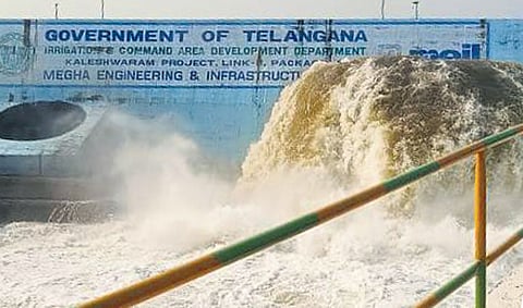 Water gushes out from the Gayatri pump house of the Kaleshwaram project to the flood flow canal in Ramadugu mandal of the erstwhile Karimnagar district on Monday