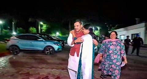 AAP MP Sanjay Singh meets Delhi Chief Minister Arvind Kejriwal's wife Sunita Kejriwal after his release from Tihar Jail following a Supreme Court order granting him bail in the excise policy case, in New Delhi, Wednesday, April 3, 2024.