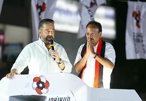 MNM president and actor Kamal Haasan in Coimbatore on Tuesday while campaigning for DMK’s P Ganapathi Rajkumar.