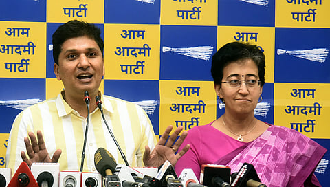AAP leaders Saurabh Bharadwaj and Atishi Singh address a press conference, in New Delhi on Tuesday, April 2, 2024.