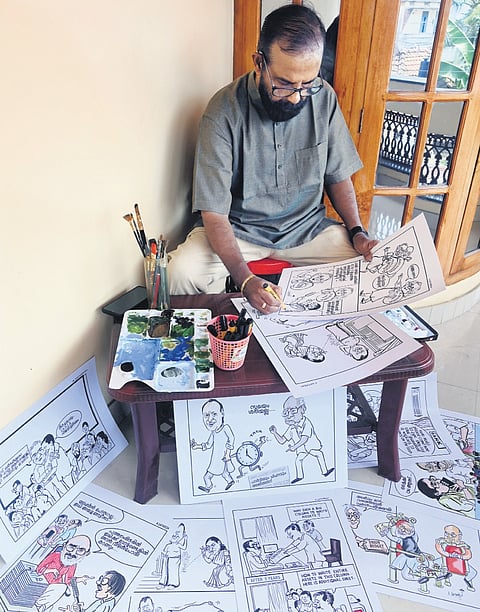 The election season is a busy time for A Satheesh, secretary of Kerala Cartoon Academy.
