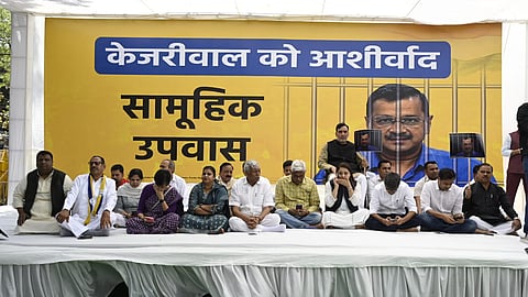 Aam Aadmi Party leaders hold a day-long mass fast to protest against the arrest of Delhi Chief Minister and the party's national convener, Arvind Kejriwal, at Jantar Mantar, in New Delhi.