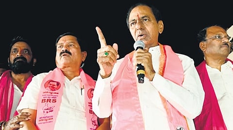 BRS chief K Chandrasekhar Rao addresses a gathering during a roadshow in Mahbubnagar on Friday