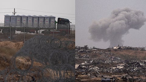 Trucks, carrying humanitarian supplies for the Gaza Strip, wait in line on the Egyptian side (L), Smoke rises to the sky after an explosion in the Gaza Strip as seen from southern Israel, Thursday, April 25, 2024.