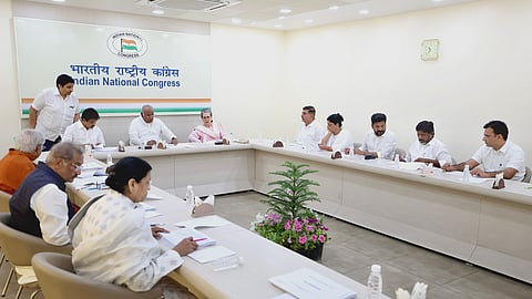 Congress President Mallikarjun Kharge with party leaders Sonia Gandhi and KC Venugopal during the Congress Central Election Committee (CEC) meeting for the upcoming Lok Sabha elections, at AICC headquarters in New Delhi, Monday, April 1, 2024.
