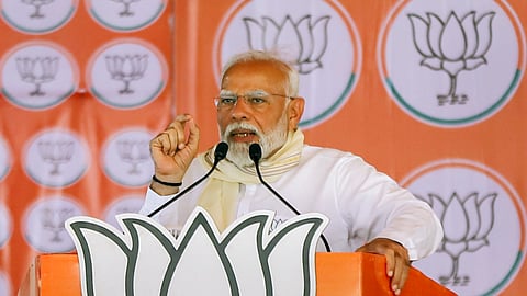 Prime Minister Narendra Modi addresses a public meeting organised for BJP's campaign for the Lok Sabha elections.