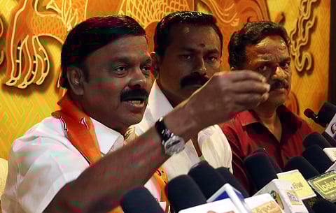 Vellore BJP Candidate AC Shanmugam addressing presser on Tuesday in a private hall