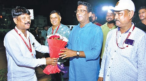 Jagannath Pradhan (centre) meeting voters in the constituency