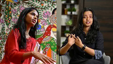 A collage of folk singer Maithili Thakur (L) and content creator Janhvi Singh speaking to the AFP.