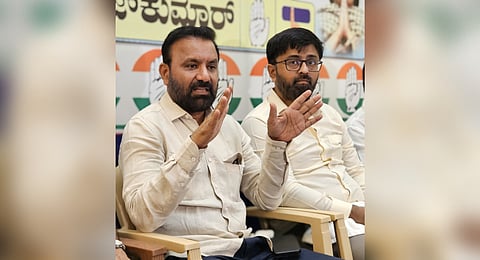 Karnataka Labour Minister Santosh Lad addressing a press meet in Shivamogga on Monday