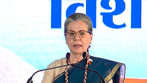 Congress leader Sonia Gandhi speaks during a public meeting, ahead of Lok Sabha elections, in Jaipur, Saturday, April 6, 2024.