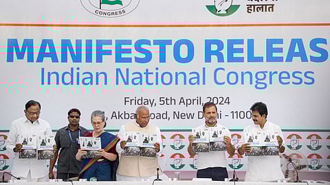 Congress President Mallikarkun Kharge with senior party leaders Sonia Gandhi, Rahul Gandhi, KC Venugopal and P. Chidambaram releases the party's manifesto ahead of Lok Sabha elections, in New Delhi.