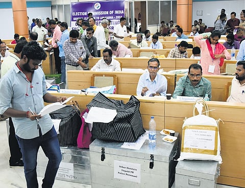 Postal ballots were forwarded to the respective constituencies after sorting was completed at the centralised centre in Tiruchy on Tuesday