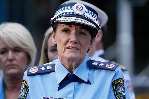 Karen Webb, Police Commissioner of New South Wales state speaks to media at Bondi Junction in Sydney, Sunday, April 14, 2024, after several people were stabbed to death at a shopping center Saturday. 