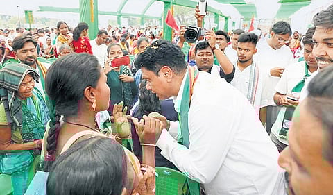 Das greets BJD workers at the public meeting in Badbagicha on Friday