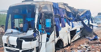 The private sleeper bus that overturned in Chitradurga district on Sunday