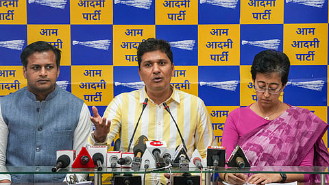 AAP leaders Saurabh Bharadwaj, Atishi Singh and Jasmine Shah address a press conference, in New Delhi, Tuesday, April 2, 2024.