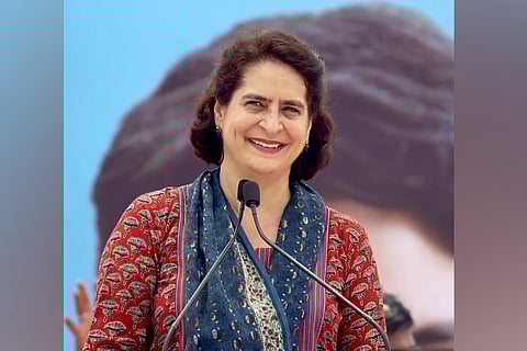 Congress General Secretary Priyanka Gandhi Vadra during the 'Nyay Sankalp' rally ahead of the Lok Sabha polls, in Valsad on Saturday. 