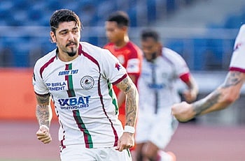 Mohun Bagan’s Dimitrios Petratos celebrates his goal on Saturday, March 6, 2024.