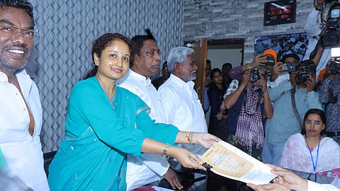 Jailed Jharkhand ex-CM Hemant Soren's wife Kalpana filed her nomination as the JMM candidate from Gandey assembly seat in the state.