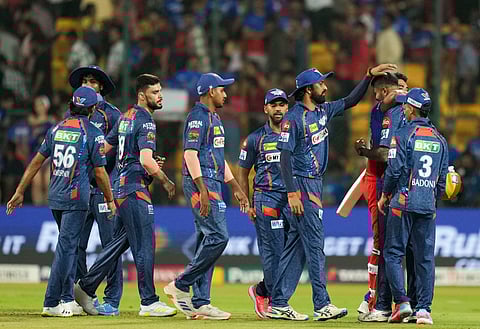 Lucknow Super Giants' players celebrate after winning the IPL 2024 T20 cricket match between Royal Challengers Bengaluru and Lucknow Super Giants on April 2, 2024. 