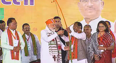 Prime Minister Narendra Modi during a public meeting for the Lok Sabha elections, in Surguja district, Chhattisgarh, Wednesday, April 24, 2024.