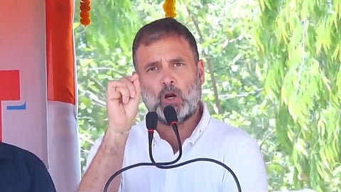 Congress leader Rahul Gandhi addresses an election rally in Bhagalpur, Bihar, on Saturday.