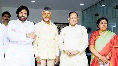 BJP State chief D Purandeswari, along with party Central leaders Arun Singh and Sidharth Nath Singh, and Jana Sena Party president Pawan Kalyan met TDP supremo N Chandrababu Naidu at the latter’s residence in Undavalli on Friday 