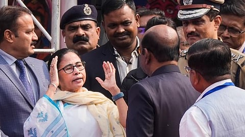 West Bengal CM Mamata Banerjee speaks with State Governor CV Ananda Bose.