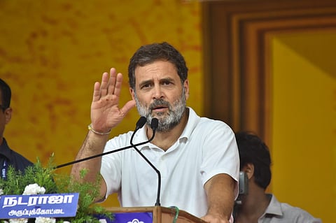 (L) PM Narendra Modi holds a roadshow in T Nagar, Chennai; (R) Tamil Nadu CM MK Stalin and Congress leader Rahul Gandhi pose at the INDIA bloc rally in Coimbatore.