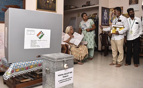 Special teams collects postal ballots from elderly and disabled voters in Coimbatore Lok Sabha constituency under vote from home option in Coimbatore on Friday. 