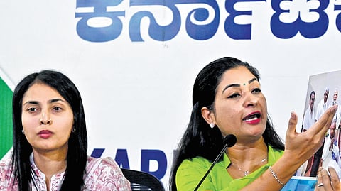 All-India National Women Congress president Alka Lamba and party leader Aishwarya Mahadevappa address a press meet on the case against MP Prajwal Revanna at the KPCC office in Bengaluru on Monday