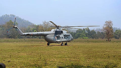 Trial landing of helicopters in difficult Maoist-hit terrains in Jharkhand's West Singhbhum district that goes to Lok Sabha poll on May 13.