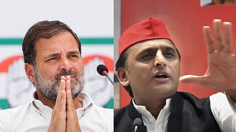 (L-R) Congress leader Rahul Gandhi, SP party chief Akhilesh Yadav